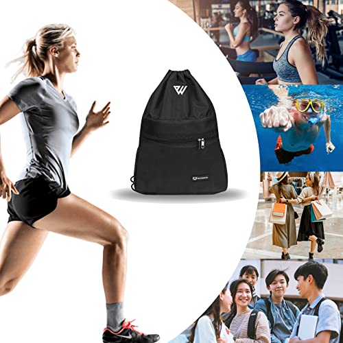 WESTWOOD FOX WFX Tasche mit Kordelzug, wasserdicht, Sport, Fitnessstudio, Rucksack für Damen und Herren, PE-Beutel, Außentasche, Reißverschluss, Schule, Strand, Urlaub, Schwimmen (Black)