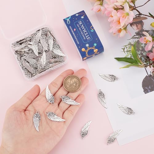 SUNNYCLUE 1 Box 100Pcs Angel Wings Charm Silver Love Charms Alloy Tibetan Rose Feather Flower Angle Wing Valentine Bulk for jewellery Making Women Diy Bracelets Earrings Necklaces Crafts - Image 3
