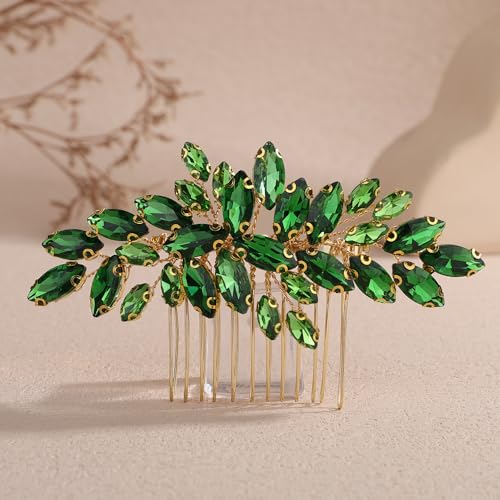 Rumtock Emerald Green Rhinestones Headpiece Gold Hair Comb for Women Wedding Hair Accessories Special Occasion Jewelry(Emerald)