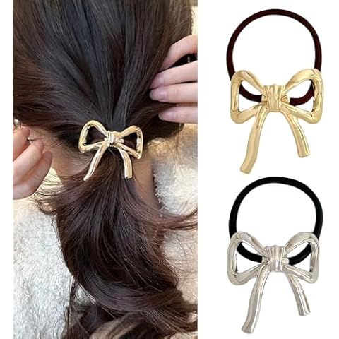 Hair Ties for Women Bowknot Hair Ties for Girls Elegant Elastics Rubber Hair Scrunchies for Long Thick Thin Curly Gold Silver Metal Hair Ties Ponytail Holder Hair Accessories for Hair Styling 2Pcs1 Cover