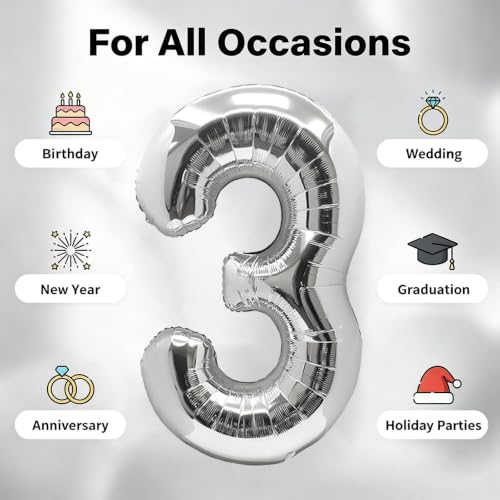 Image of Number Balloons Silver Party Balloon - Giant Number 3 Balloon, 40 Inch Large Balloon for Birthday Decorations, Silver Party Supplies for Anniversary
