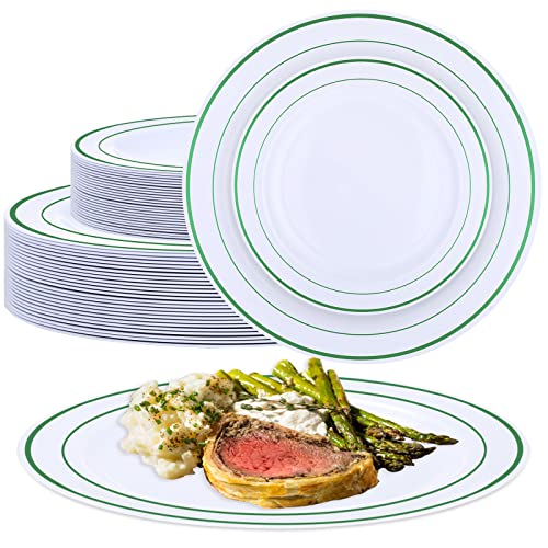 50 Pcs Plastic Plates Disposable Dinnerware Set 25 Guests Heavy Duty Disposable Plates With Rim 10.25 And 7.5 In Plastic Dinner Plates For Party Wedding Graduation Events (Green Rim) #TOP5