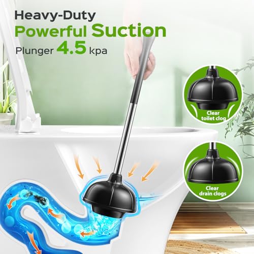 Image of HAMITOR Toilet Plunger and Brush Set: Bathroom Powerful Cleaning Round Bristle Brush - Stainless Steel Heavy Duty Unclogging and Bowl Brush Combo - Compact Home Apartment Restroom Decor Accessories
