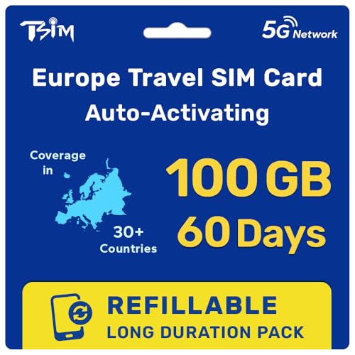 Europe SIM Card for Travel 60 Day 100GB for 36 Countries | Refillable Long Duration Pack | High Coverage Multi-Operator 5G Network | Auto-Activating | Hotspot Allowed
