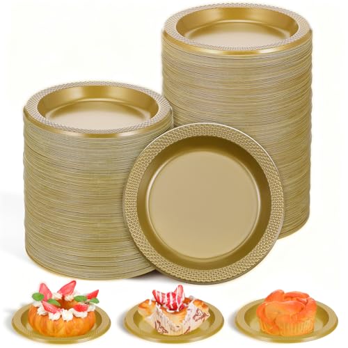 HaiFafafaing 200 Pcs Gold Dessert Plates 6 Inch Plastic Appetizer Cake Plates Disposable Heavy Duty Gold Party Plate For Party Wedding Birthday Dinner Picnic Salad Cake Appetizer