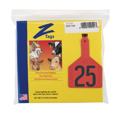 Z Tags 1-Piece Pre-Numbered Hot Stamp Tags for Cows, Numbers from 51 to 75, Red
