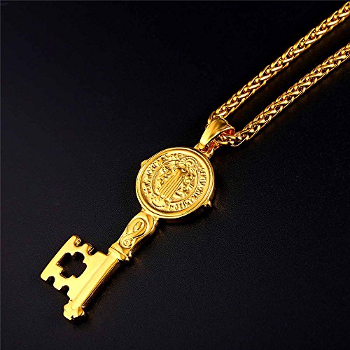 U7 Men Women 18K Gold Plated Chain Christian St Benedict Medal Key Pendant Necklace #TOP2