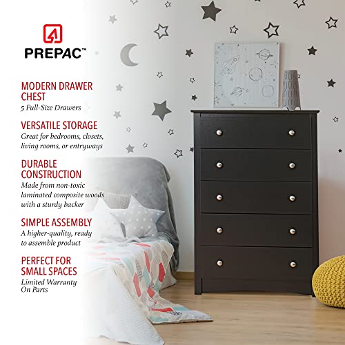 Prepac Sonoma 5-Drawer Chest For Bedroom, 16" D X 31.5" W X 45.25" H, Black & Sonoma Nightstand With Open Shelf, Black #TOP3