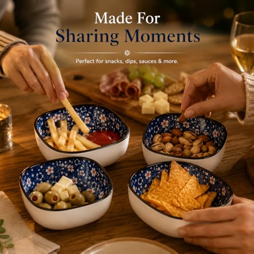 Image of Japanese Style Ceramic Dip Bowl Set of 6 | 200 ml Small Serving Bowls for Sauces, Snacks, Chutney & Desserts, Floral Blue Square Bowls | Porcelain Bowls for Kitchen & Dining (Midnight Sakura)