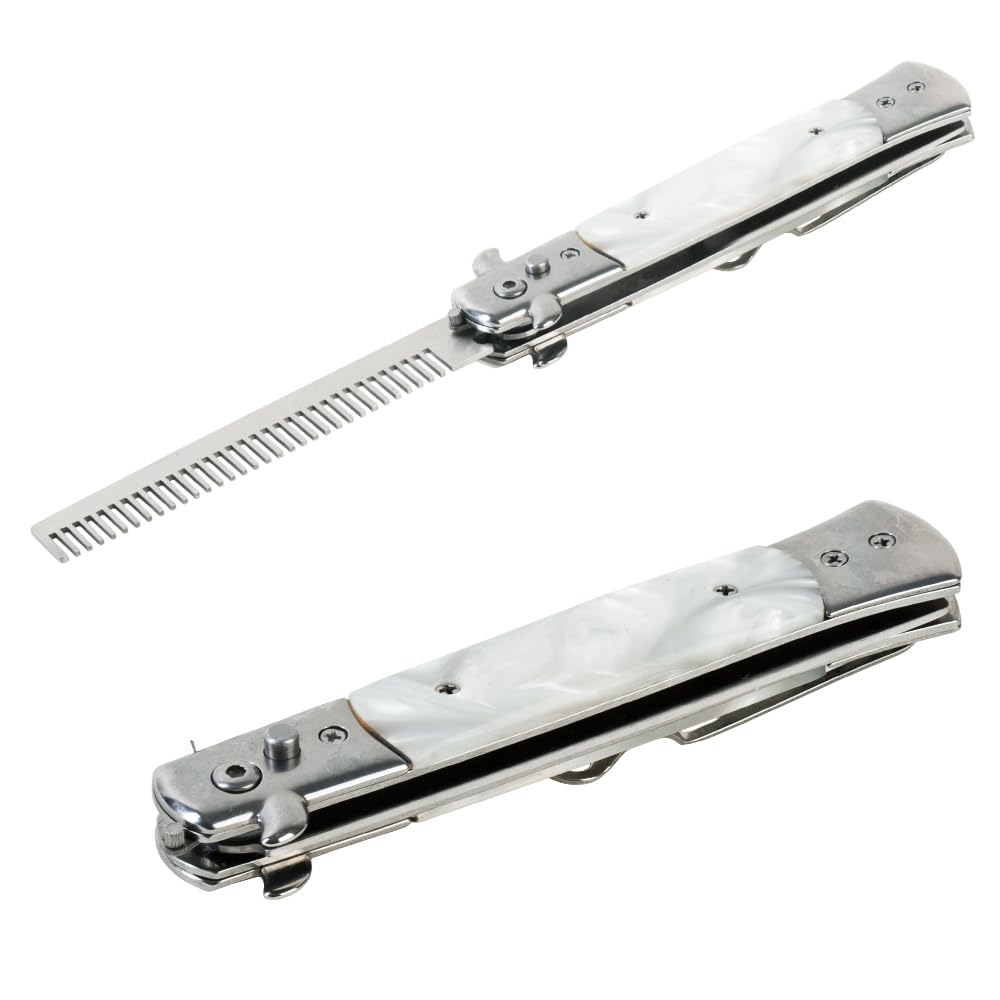 9" Wood Handle Spring Push Button Folding Comb Hair Styling Pocket Carrying White