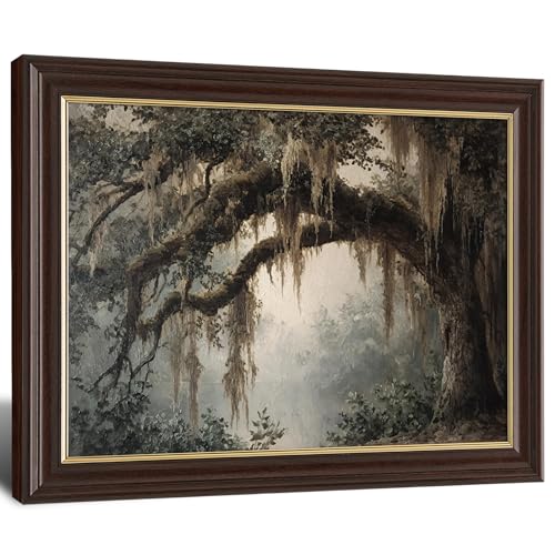 Image of Antique Framed Spanish Moss Oak Canvas Wall Art, Southern Forest Landscape Oil Painting Canvas Prints, Vintage Nature Wall Decor Pictures for Living Room Bedroom Bathroom