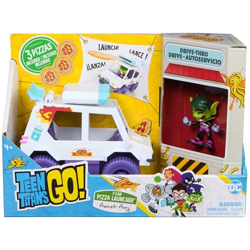 DC Comics Teen Titans Go! T-Car Pizza Launcher, Beast Boy Action Figure Set with Interactive Features, Kids Toys for Boys and Girls 4 and Up