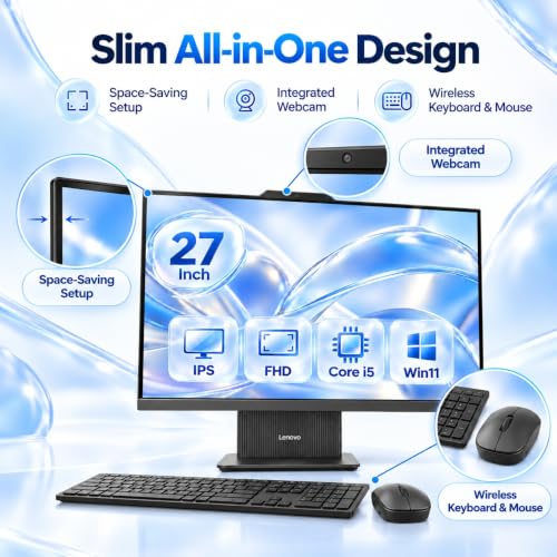 Image of Lenovo IdeaCentre 27 inch FHD IPS All-in-One Desktop Computer, 8-core Intel Core i5 Processor, 16GB DDR5, 1TB SSD, Wi-Fi 6, Windows 11, Wireless KB & Mouse