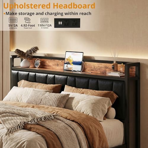 Image of LIKIMIO California King Bed Frame with 4 Storage Drawers, Platform Bed with Charged Headboard, Sturdy and Stable, No Noise, No Box Spring Needed, Easy to Install, Vintage Brown and Black