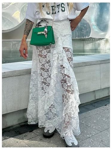 GORGLITTER Women's Y2k Lace Ruffle Sheer Long Skirt Mesh Asymmetrical Flowy High Waisted Maxi Skirts2