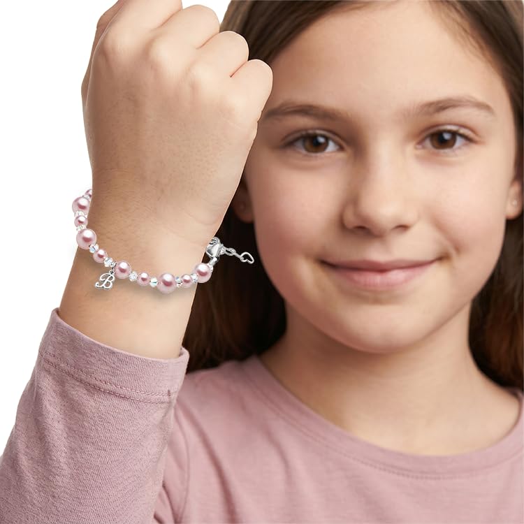Image of Baby Crystals Personalized Pink Pearl Bracelets for Girls, Sterling Silver Initial & Cross Charm, Created with Swarovski Pearls and Crystals, Baptism, Communion, Christening Jewelry Gift