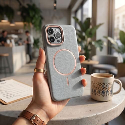 Image of amazon basics Luxury MagSafe Compatible Leather Texture Back Cover for iPhone 14 Pro | Raised Camera Protection | Slim Fit Shockproof Case with Metallic Accents (Gray)