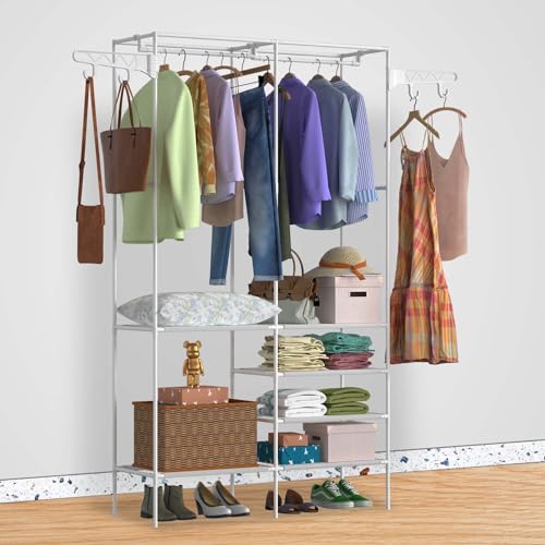 Zorpupoa Clothing Rack, Heavy Duty Clothes Rack, 3-in-1 Garment Rack for Hanging Clothes, Freestanding Closet Organizers with Storage Shelves, Clothes Rack for Bedroom, Hallway, Entryway, White
