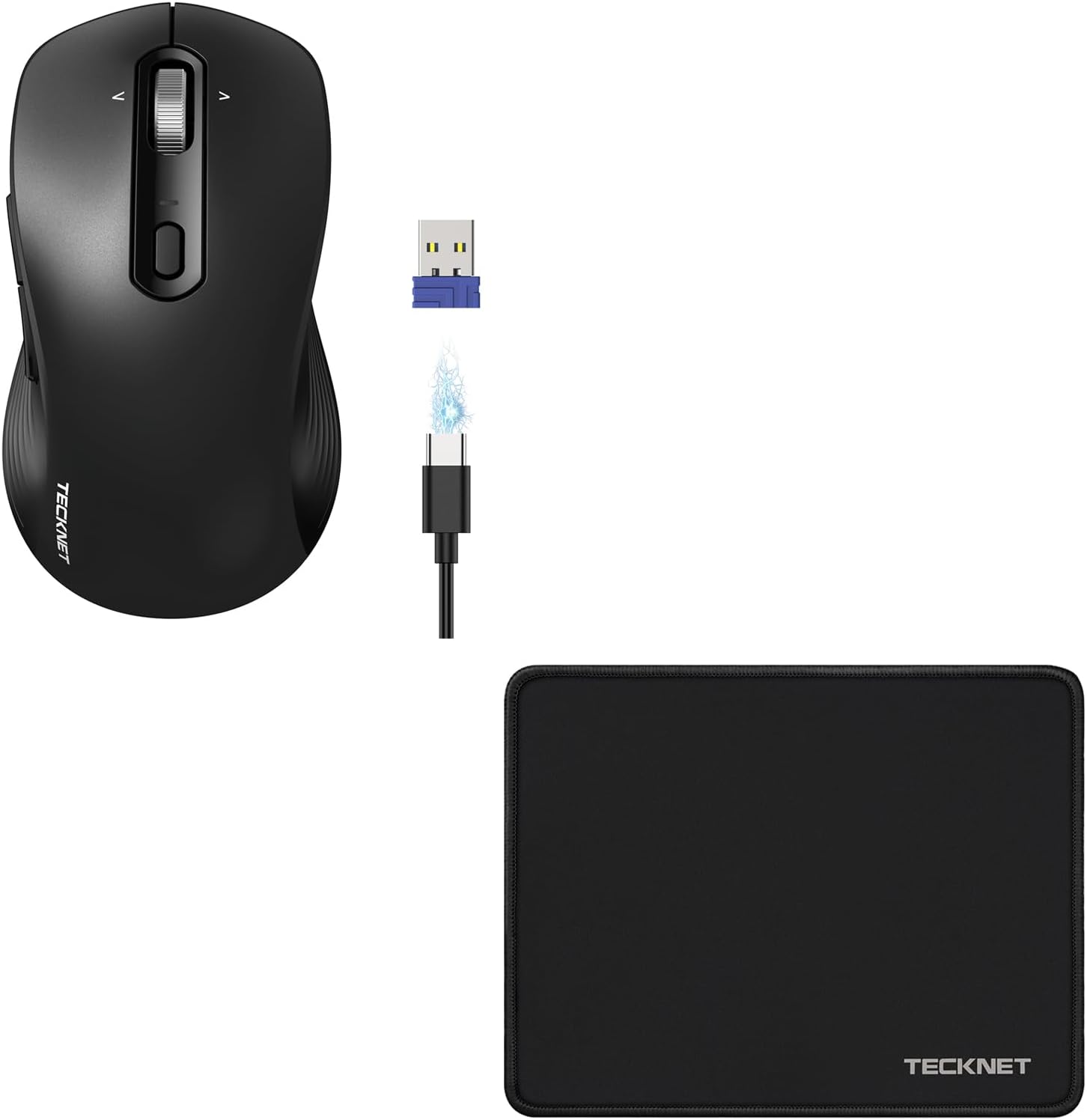 TECKNET Mouse Pad + Rechargeable Bluetooth Mouse, Ergonomic 4-Way Scroll Wheel Computer Mice