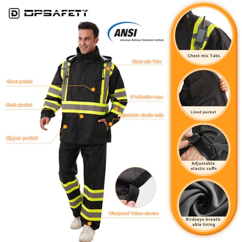 Image of Hi Vis Safety rain Jacket,Reflective Class 3 Rain coat with Inner Mesh Lining and Pockets High Visibility Waterproof work Rain Suits for men&women(Black,SM /MD)