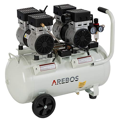 Arebos Flüsterkompressor | Kompressor | ölfrei | 2x 800 W | 50 L | 8 bar | Ansaugleistung 300 L/min | Druckminderer | inkl. Euro Schnellkupplung