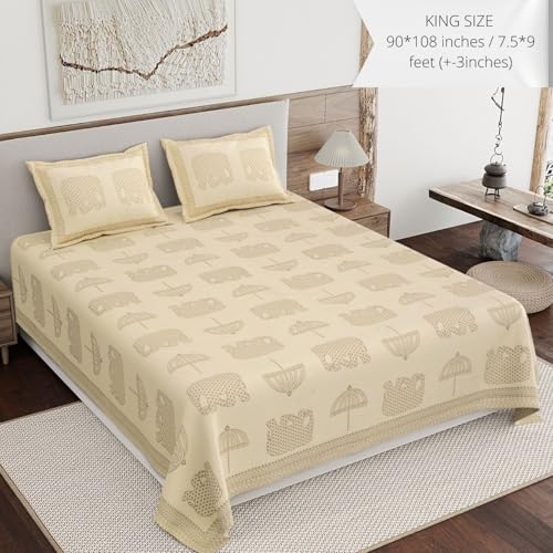 Image of Living Roots Ethnic Jaipur Block Print Double Cotton Bedsheet & 2 Pillow Covers, for Mattress Upto 6 inches Thick, No Colour Bleeding, Grey Colour, King Size 90 * 108 inches, 120TC (601-B)