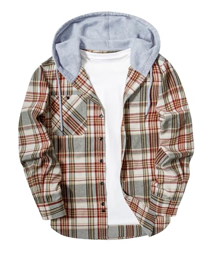 Image of Hooded Flannel Shirts for Men Plaid Long Sleeve Flannel Jacket Hoodies