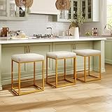 MAISON ARTS Bar Stools Set of 3 | White & Gold Counter & Bar Height Stools for Kitchen Island | Modern Farmhouse Backless Barstools with Metal Frame & Faux Leather Upholstery | 24' Kitchen Bar Stools