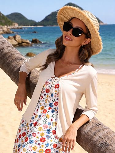 Image of Aiboria Women's Tie Front Shrug 3 /4 Sleeve Ribbed Bolero Lightweight Cropped Cardigan S-XXL