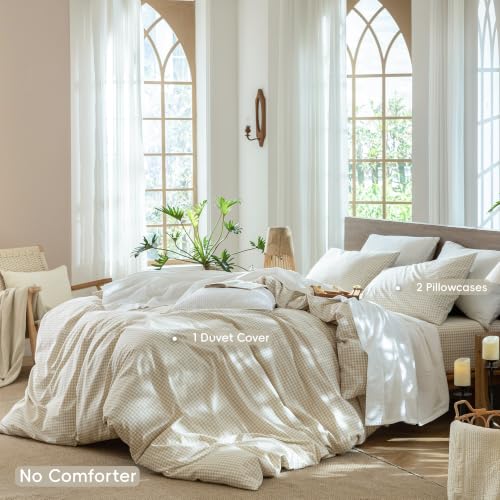 Image of MooMee Gingham Duvet Cover Set 100% Washed Cotton Linen Like