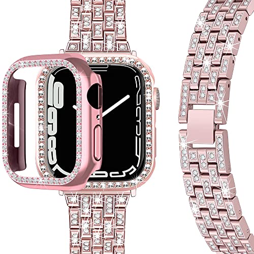 Miimall Compatible with Apple Watch Series 7 41mm bling Band with Case Cover Women Girl, Bling Diamond Metal Replacement Strap Stainless Steel Band with PC Case for Apple Watch 41mm Series 7 Rose Pink