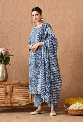Image of Amazon Brand - Tavasya Women Cotton Anarkali Kurta Pant Dupatta Set | Printed Ethnic Suit Set | Flared Anarkali Kurta with Pant & Dupatta | Festive & Casual Wear