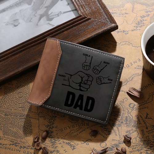 Fathers Day Dad Gifts Personalized Photo Wallet for Men Kids Fist Bump Mens Engraved Leather Wallet Grandpa Husband Birthday Gift from Daugther Son (4 Names)4