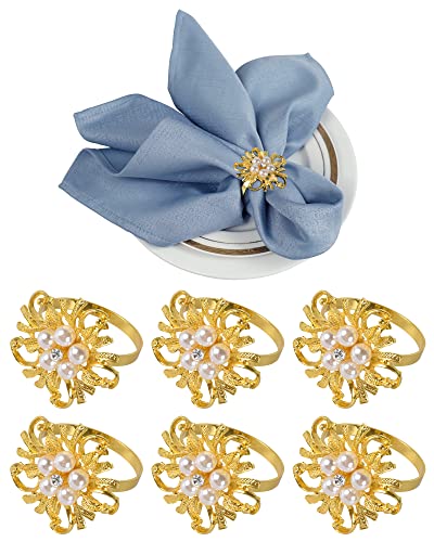 Small snail 6 Pièces Ronds Porte-Serviettes Conception Fleurs Creuses avec Perles Diamants Anneaux Serviette Élégant Magnifique Décoration Support Métallique pour Mariage Noël Thanksgiving Vacances Cover