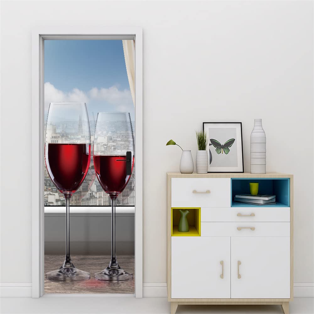 Poster trompe l'oeil porte mural stickers 3D intérieur 83x204 cm verres à vin salon
