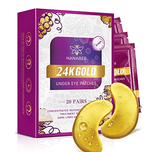 Under Eye Patches For Dark Circles And Puffiness Hydrogel Eye Patch Collagen Eye Zone Masks Retinol HANABEE Grape 24K Gold Under Eye Mask 20 Pairs Facial Skin Care Products