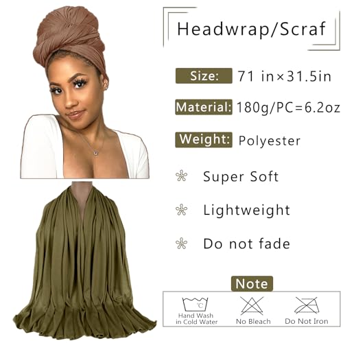 COOKOO 2 Piece Stretch Head Wraps Jersey Turban Long Solid Color African Women's Head Scarf Long Scarf Fashion Head Scarfs Lightweight Breathable Headbands for Women(Camel+Army Green)2