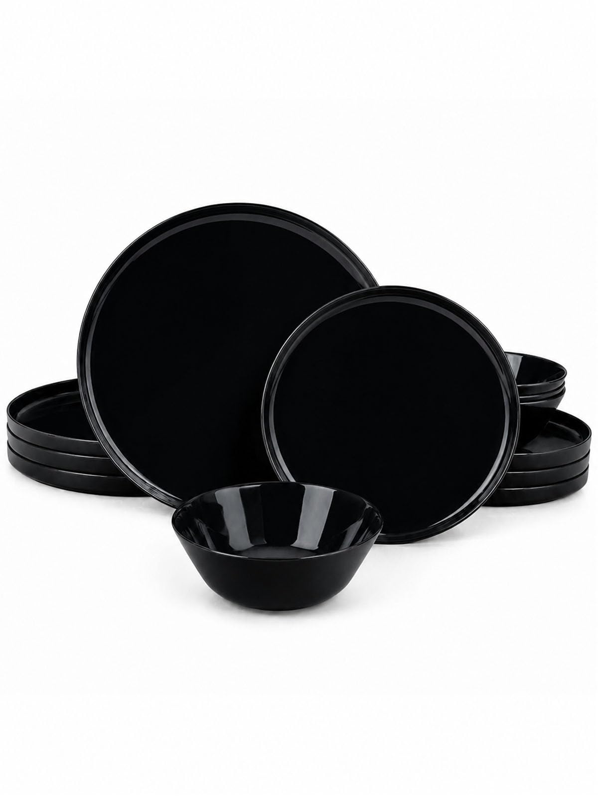 LaGlint Juego de vajilla de 12 piezas para 4 personas, platos y cuencos en vidrio opal, apto para microondas y lavavajillas, resistente a astilladuras y arañazos, color negro