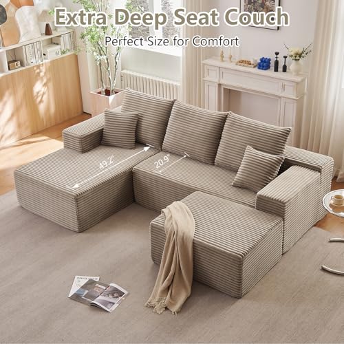 Image of Lakifun 107 inch L-Shape Sofa with Ottoman, Modern Modular Sectional Comfy U-Shape Cloud Couch, Deep Seat, Upholstered Corduroy Sleeper Chaise Longue for Living Room Bedroom, No Assembly Required, Camel