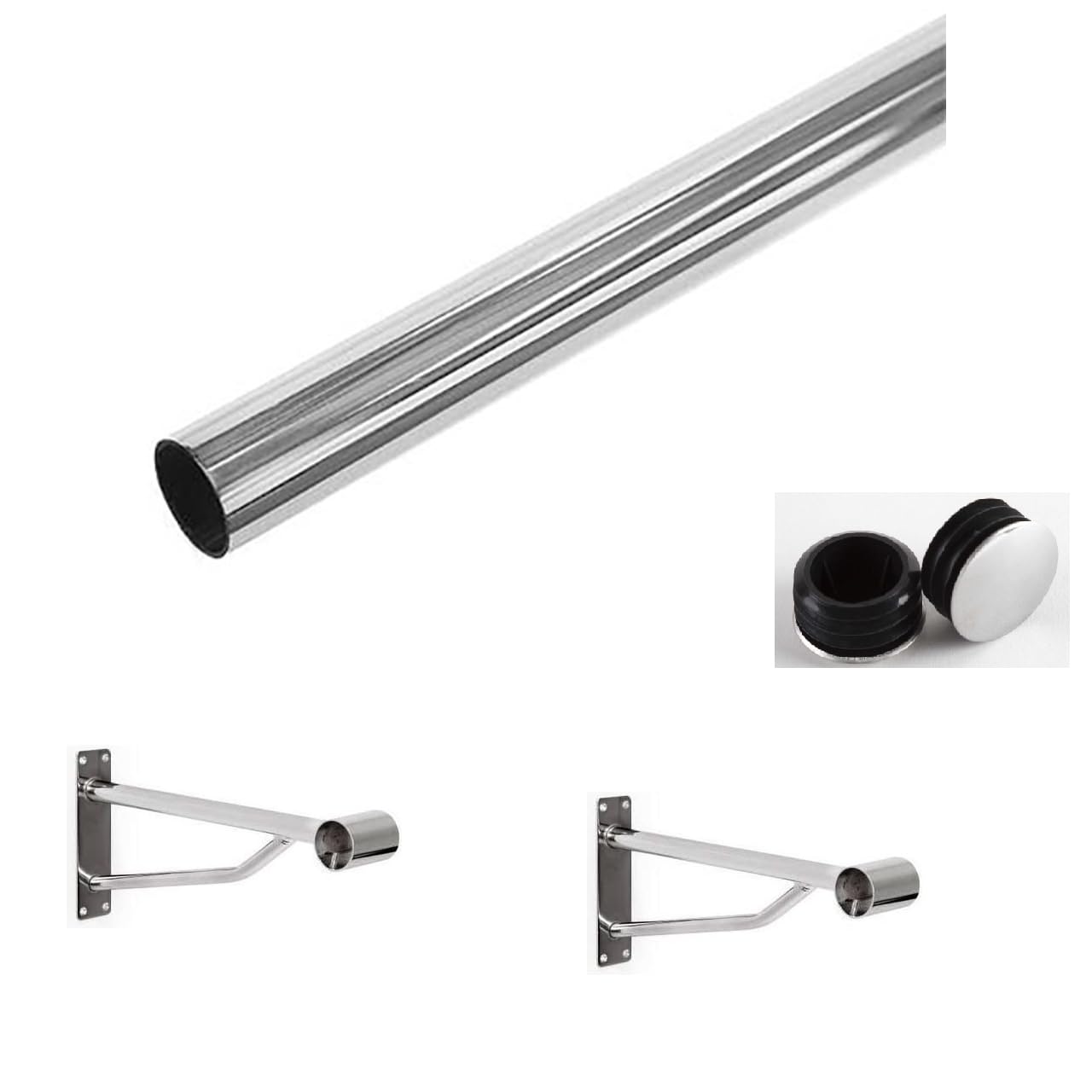 HeavyDuty 25mm OR 32mm Dia-meter Hanging Rail Tubing System for Wall, Floor, Ceiling, Roof And Walk-In Wardrobe Chrome Tubing System (4 FEET + 2 X BRACKET +2 X ENDCAP, 32MM)