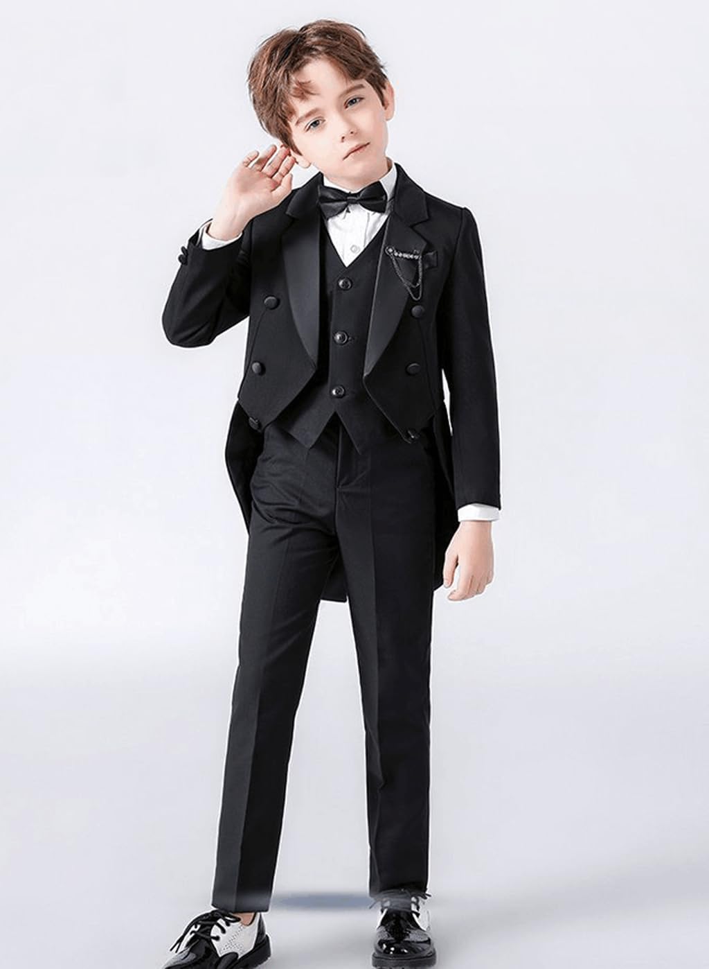 Boys Tuxedo Set 3-Piece Lapel Tailcoat Jacket Elastic Waist Pants Vest Formal Wedding Pageant Suits Kids Toddler