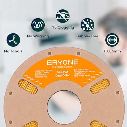 Image of ERYONE Silk Dual Color PLA Filament 3D Printer 1.75mm + /- 0.03mm, Bicolor Filament Two Tone PLA 1KG(2.2lbs) Cardboard Spool, Black Gold