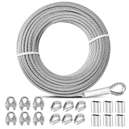 Growglow 5/16 Steel Cable with Loops 100ft Stainless Steel Wire 7 * 19 Strands Aircraft Cable 9000 lbs Break Strength for Yard Zipline Shade Sail Fencing Duty Wire Rope kit with Clamps and Thimbles