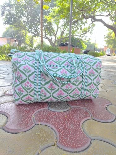 Large Size Beautiful Cotton Weekender Travel Bag, Indian Handmade Quilted Fabric Duffle Bag, Block Printed Overnight Bags, Hand Luggage Bag, Bags for Women (18x9x9")2