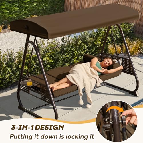 Image of 3 in 1 Outdoor Porch Swing with Adjustable Canopy, 3 Seat Outdoor Swing for Adults, Patio Swing Chair with Thickened Cushions,Pillows & Cup Holders for Backyard, Porch, Garden (Brown)