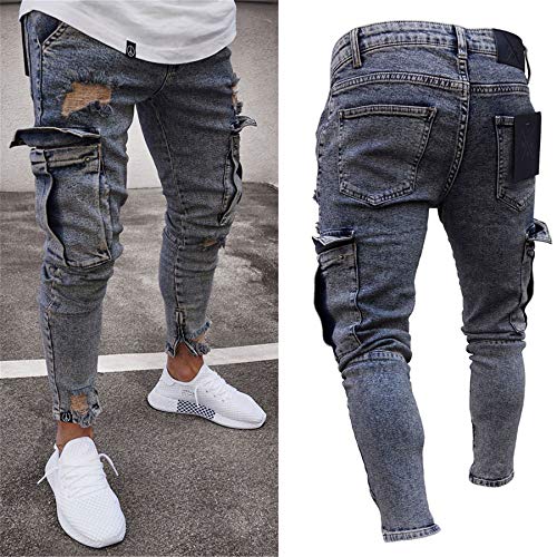 Andongnywell Men Skinny Stretch Destroyed Denim Pants Ripped Slim Fit Jeans Trousers Stretch Knee Pocket with Zipper3