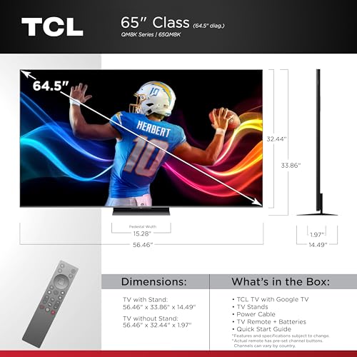 TCL 65-Inch QM8K Series Mini-LED Smart TV - 144Hz Refresh Rate, 288Hz VRR, AI Processing, Unrivaled Picture Quality