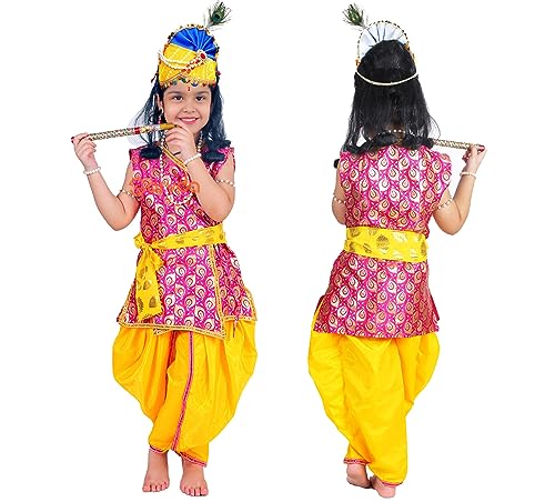 Image of Sarvda Shree Krishna Dress for Baby Boy & Radha Dress for Girls | Janamashtami Dress | Fancy Dress Costume with Accessories Dhoti, Dupatta, Mukut Flute Complete set, Ethnic wear