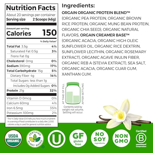 orgain organic vegan protein powder vanilla bean - 21g plant protein 6g prebiotic fiber no lactose ingredients no added sugar non-gmo for shakes amp smoothies 203 lb packaging may vary