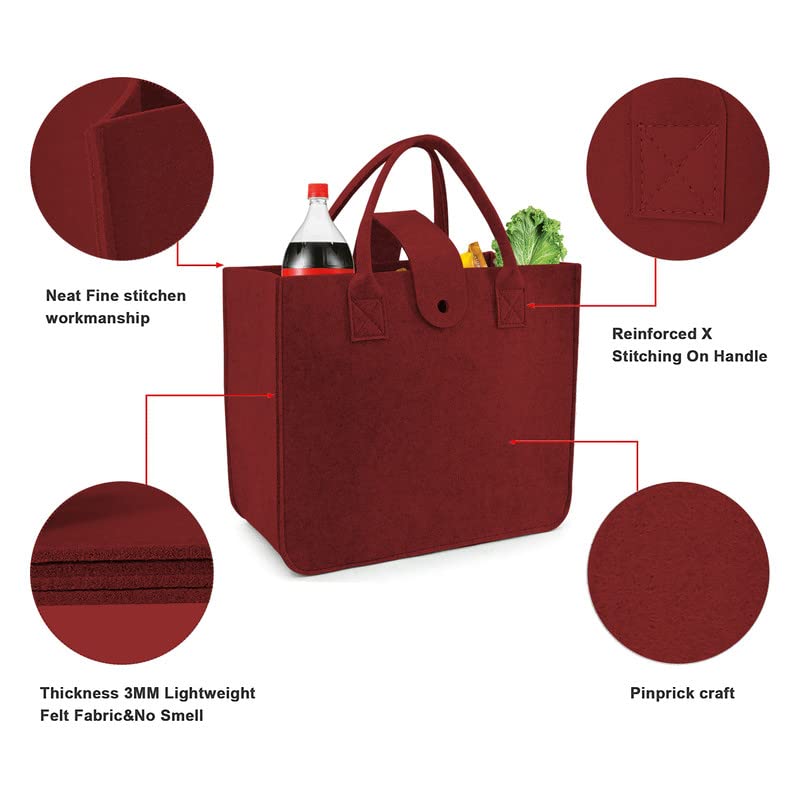 Image of Felt Fabric Reusable Shopping Bag with Handle & Button Closure for Grocery, School, Beach, Travel, Study, Gym, Gifts | Size - 30x34.5x17.8cm